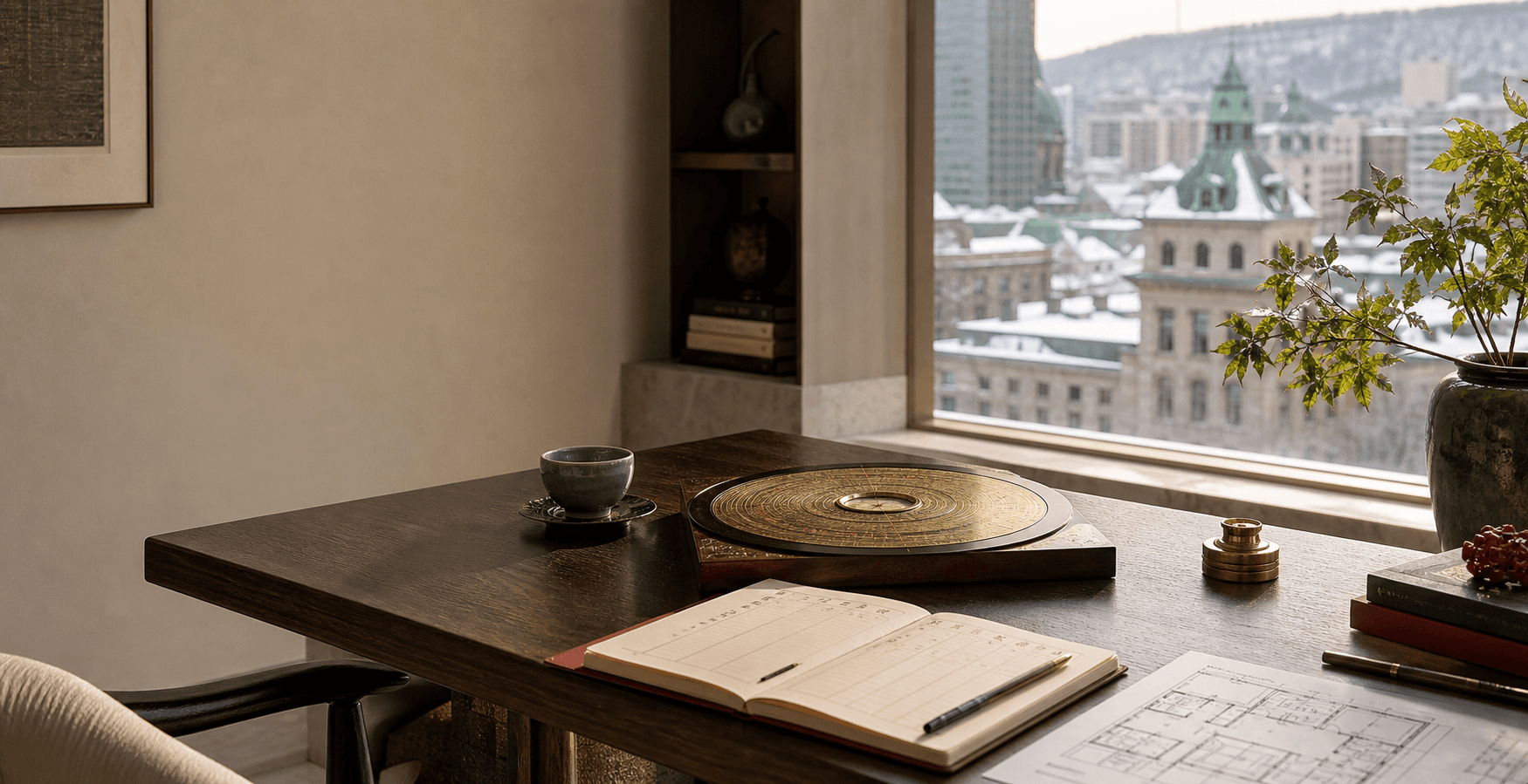 Feng Shui consultation desk overlooking Montreal